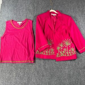 Kemp‎ & Company Pink Tropical Palm Tree Silk Blazer Tank Top Set Women's